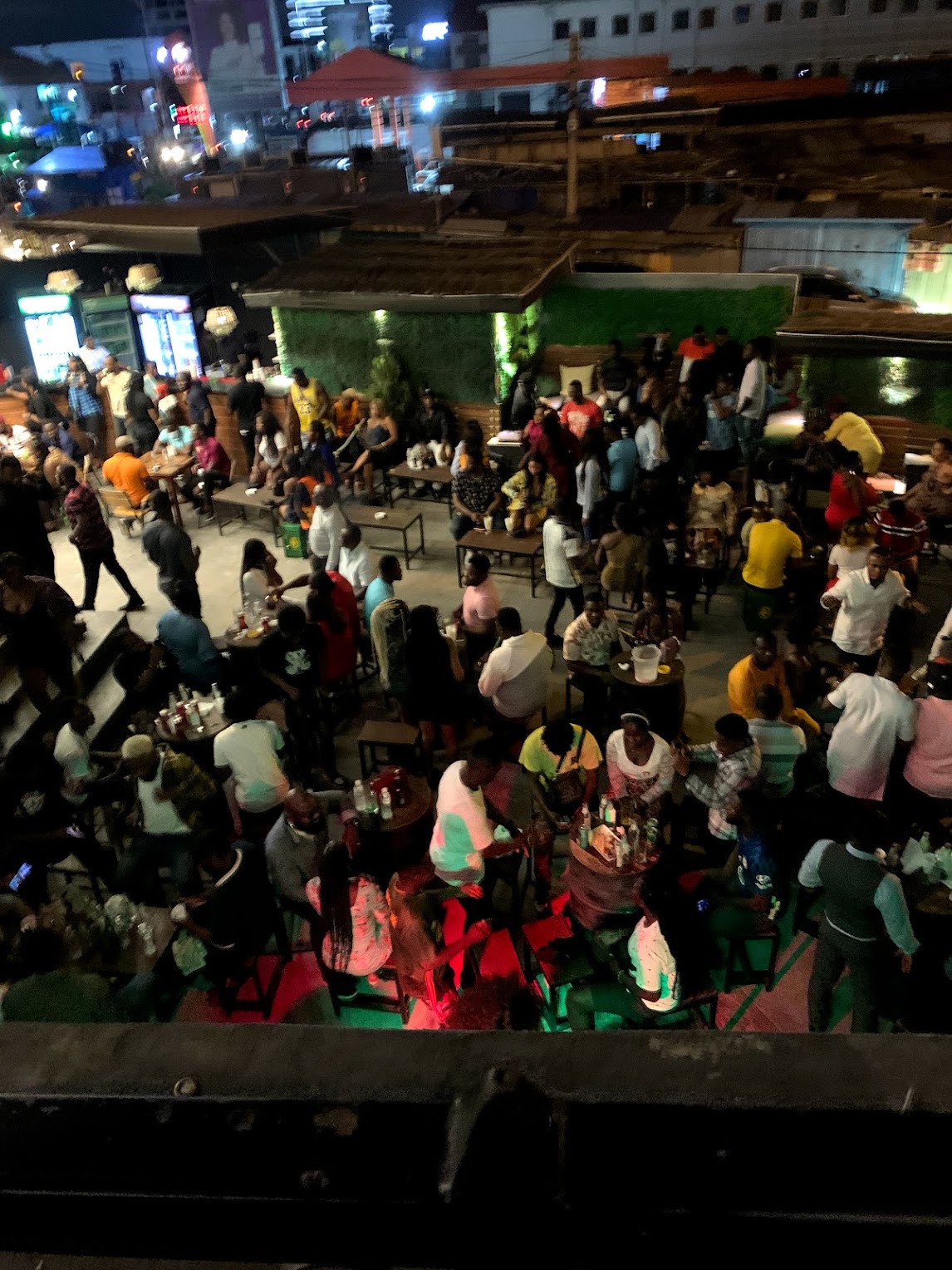 An upstairs view of the nightlife crowd at Kona, a nightlife venue in Accra, Ghana.