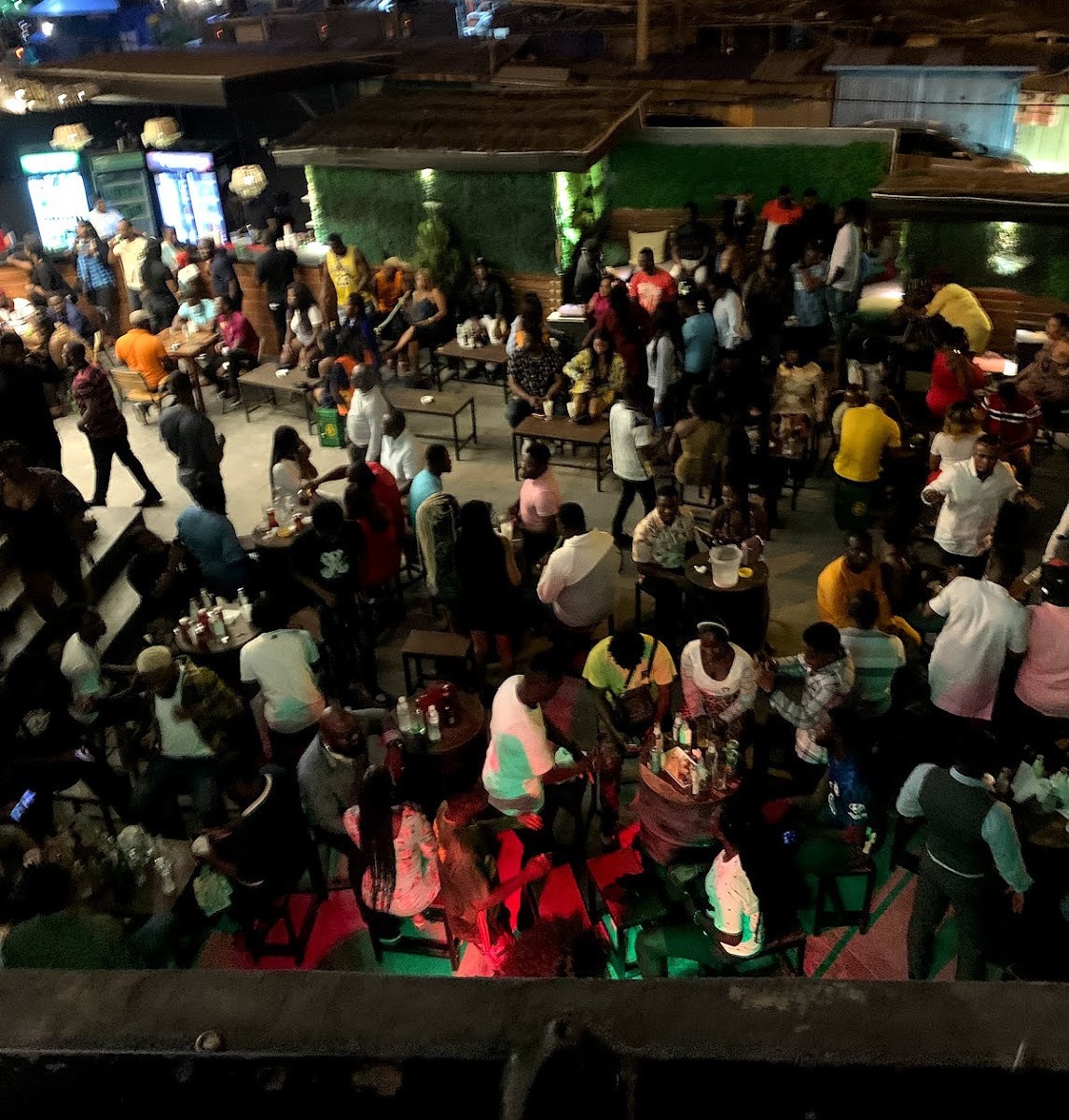 An upstairs view of the nightlife crowd at Kona, a nightlife venue in Accra, Ghana.