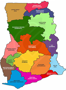 A map of the sixteen regions in Ghana and their capitals.