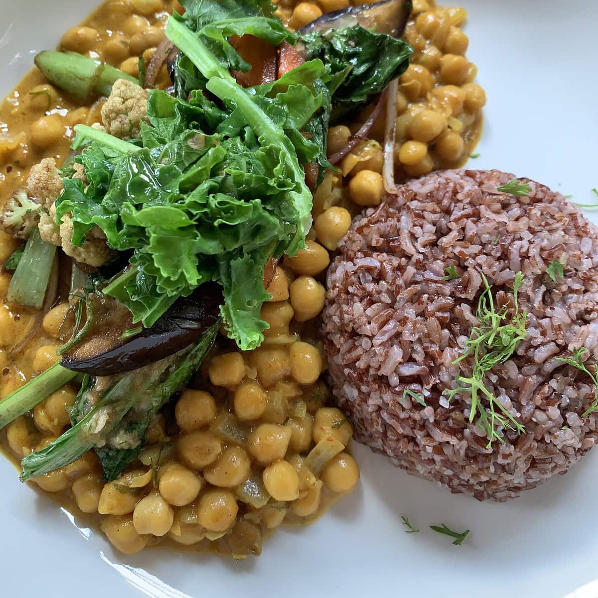A plate of vegan chickpea curry with a side of brown rice from the Tatale Restaurant