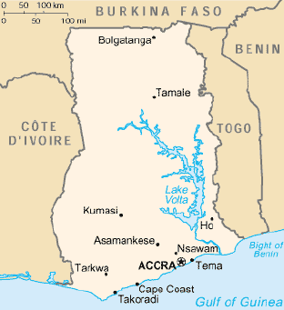A map of Ghana with the countries that border Ghana: Burkina Faso, Togo, and Ivory Coast. 