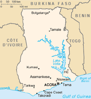 A map of Ghana with the countries that border Ghana: Burkina Faso, Togo, and Ivory Coast.