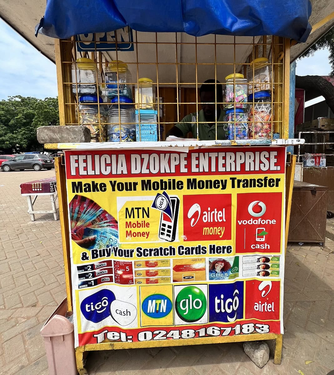 A mobile money stand in Ghana used to make money transfers.