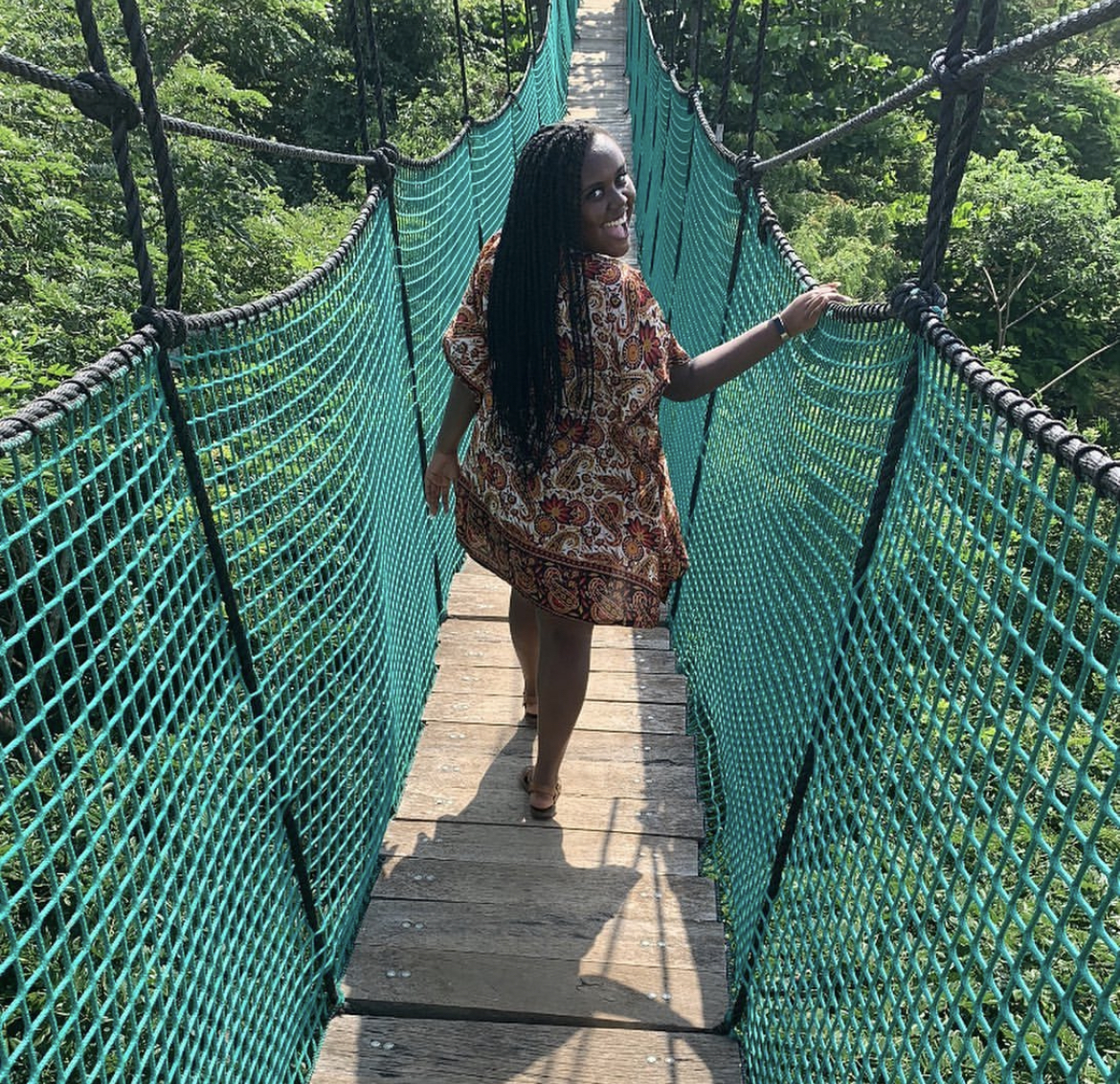 Blogger Christina Jane on a canopy walk in Accra.