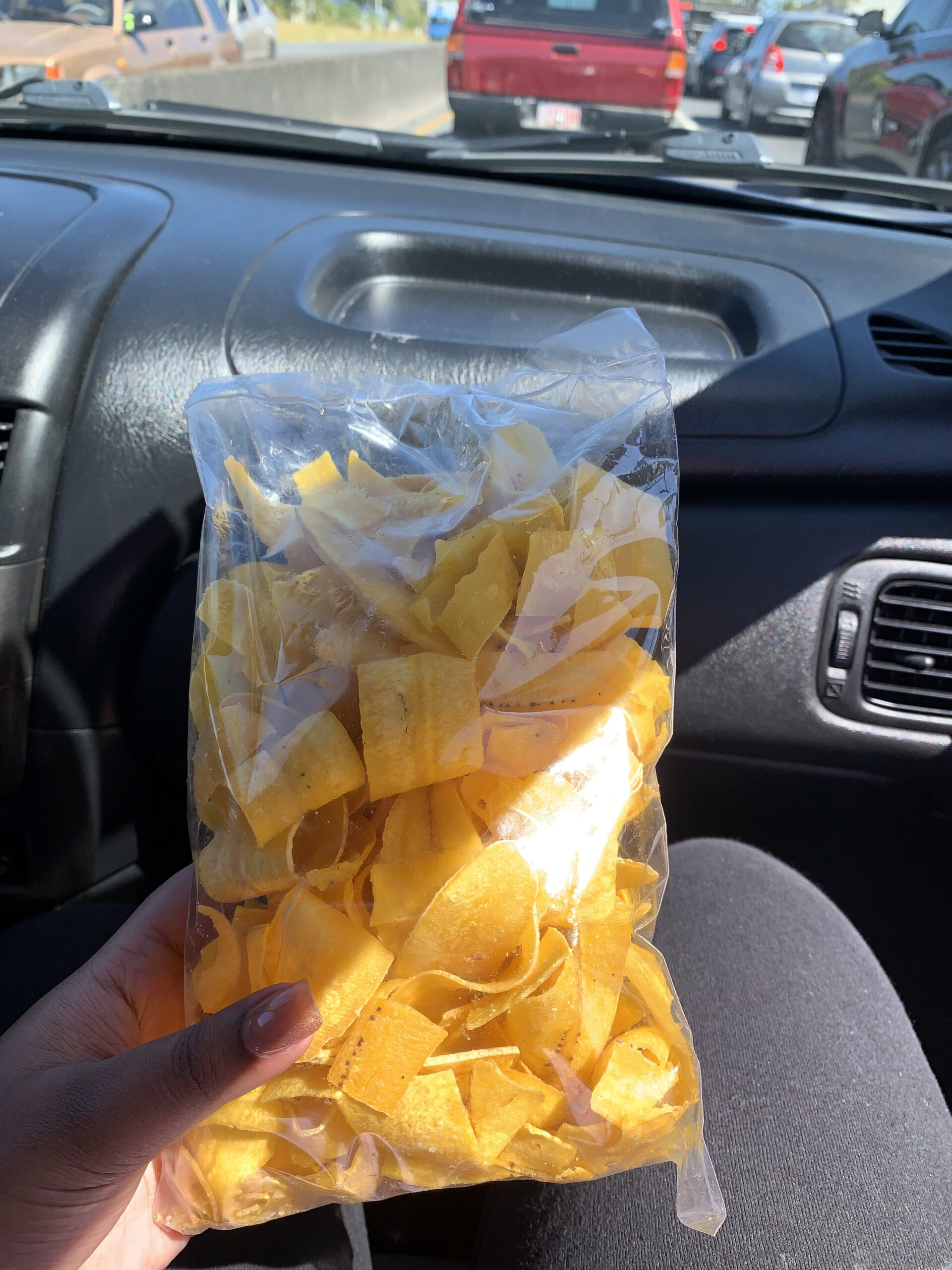 A bag of golden brown plantain chips. 