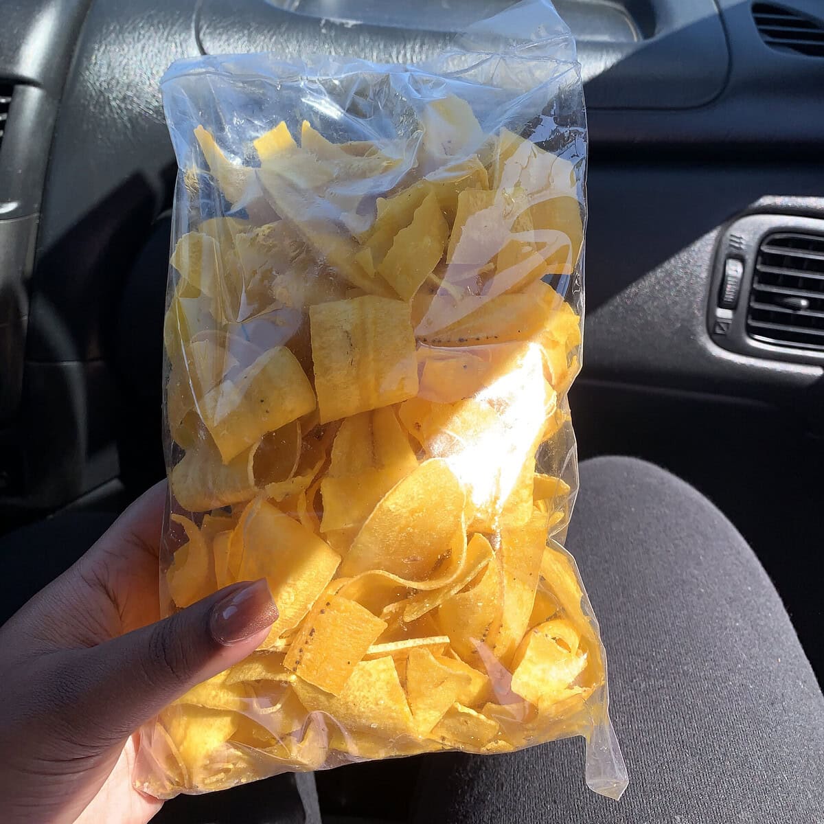 A bag of golden brown plantain chips. 