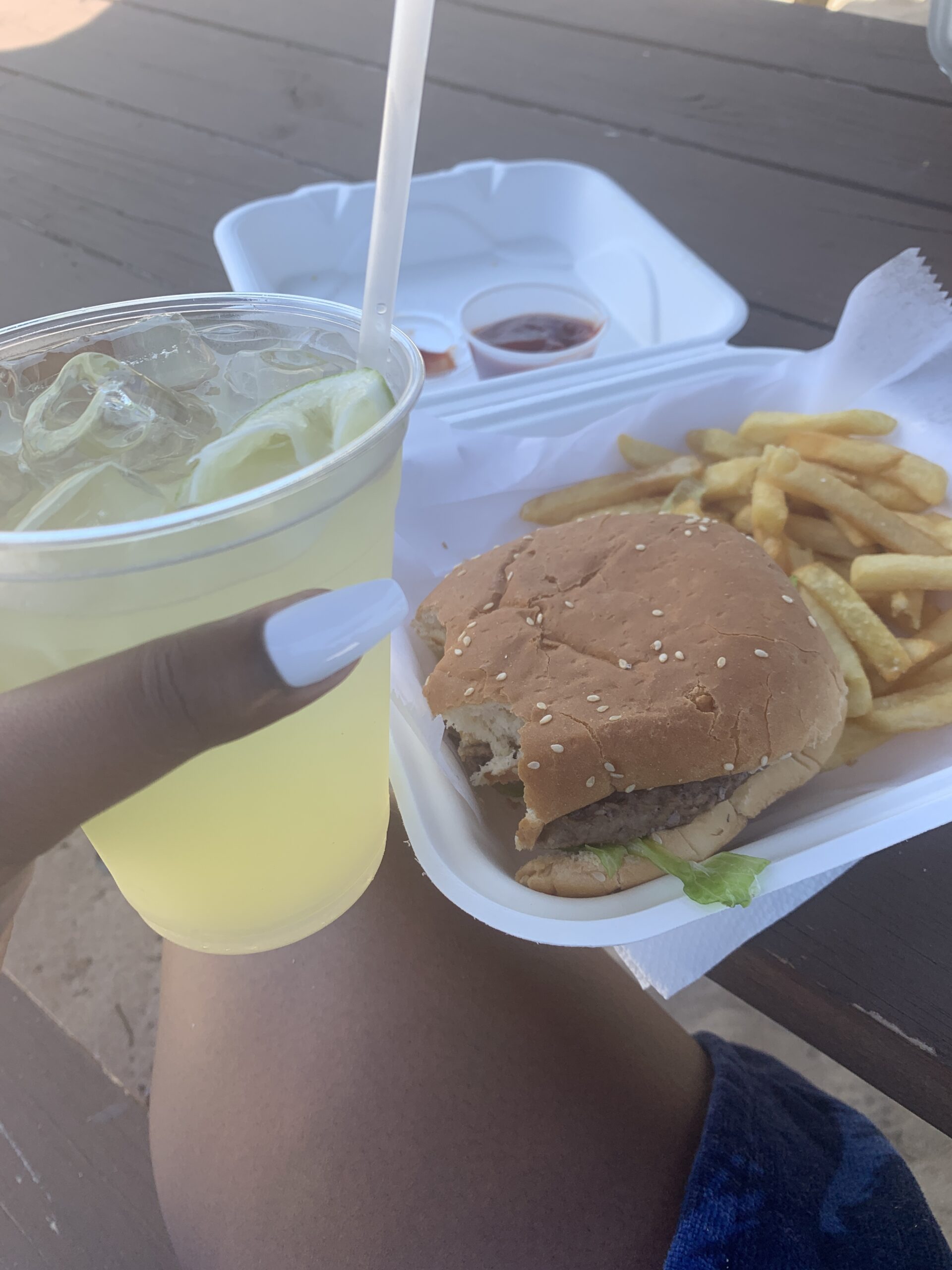 A burger, fries, with a lemonade in the Bahamas. 