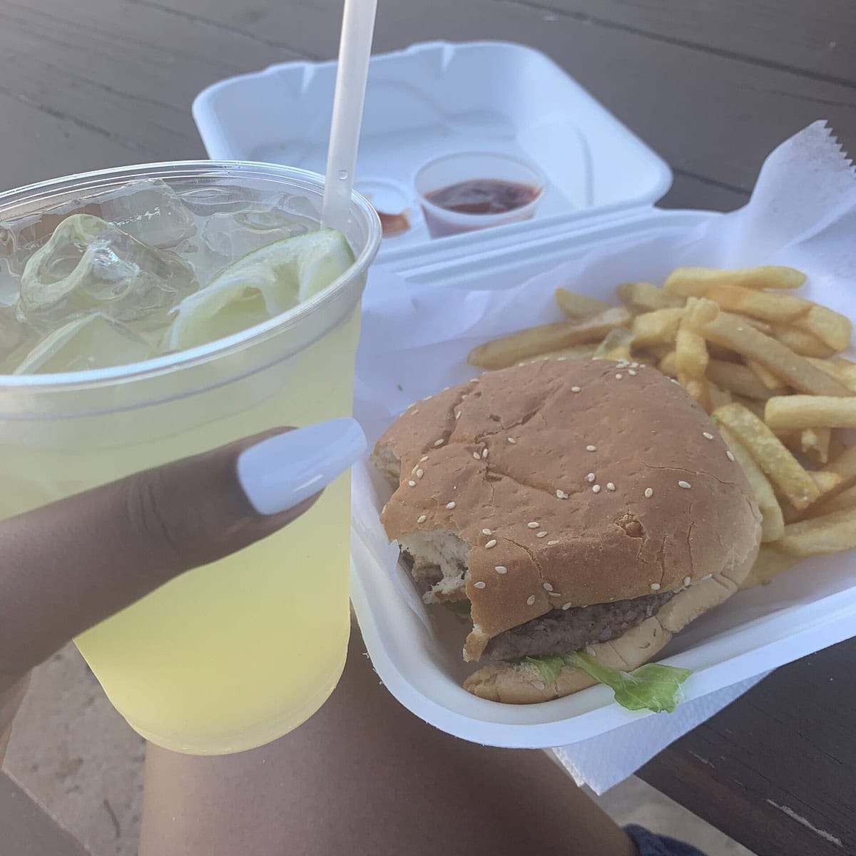 A burger, fries, with a lemonade in the Bahamas. 