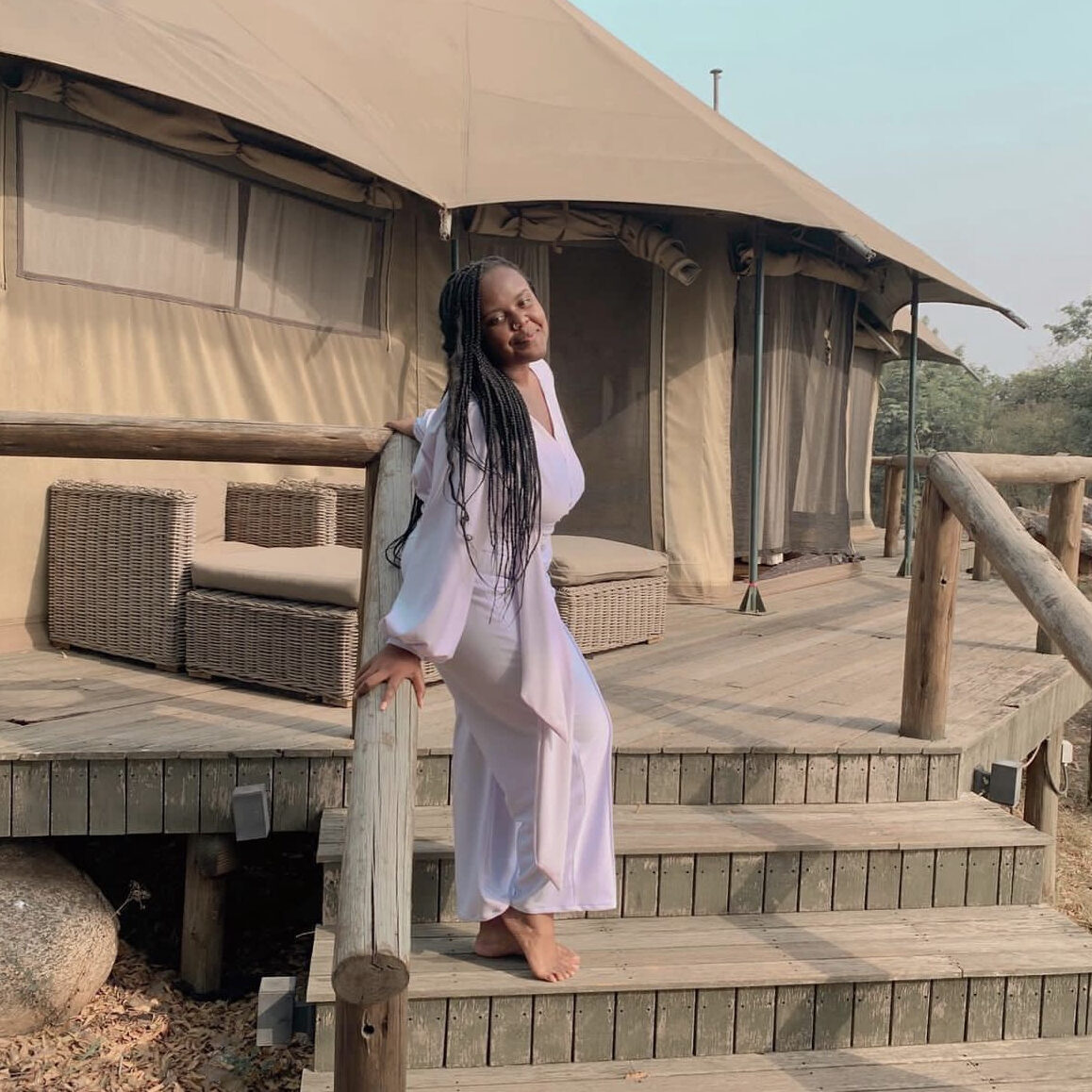 Christina Jane in front of a glamping tent at the Shai Hills Resource Reserve. 