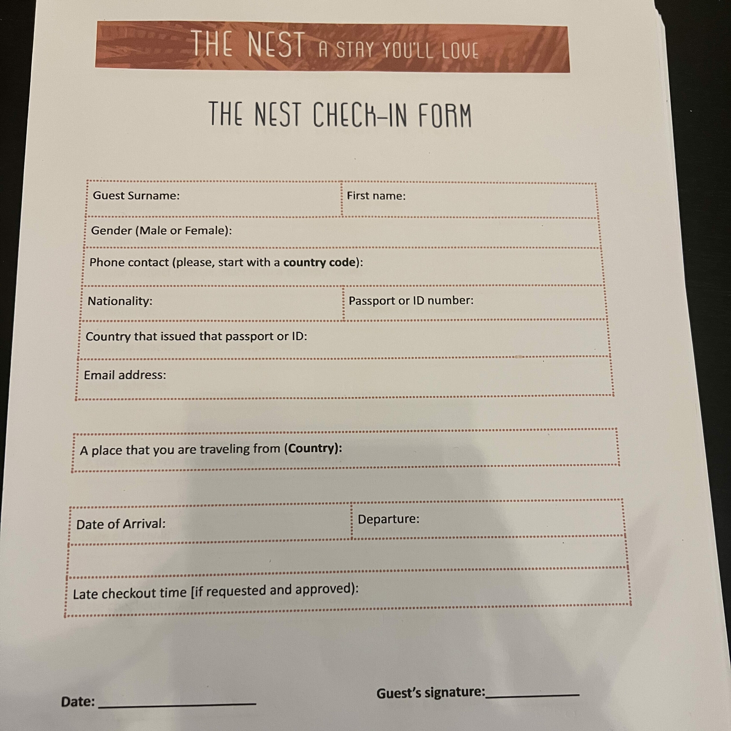 The Nest check-in form 