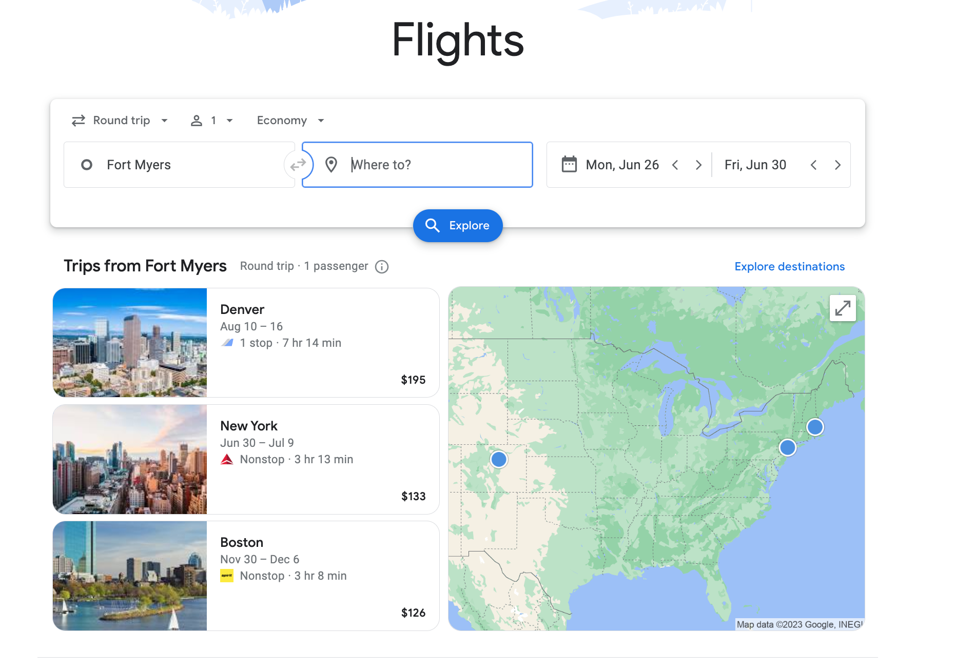 The Google Flights home page