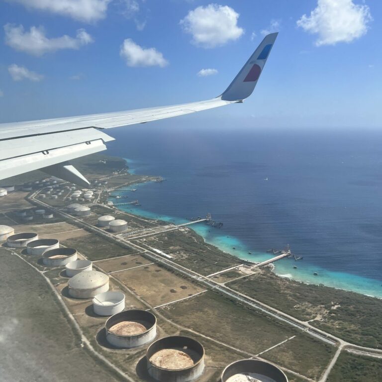 A flight landing over the Caribbean