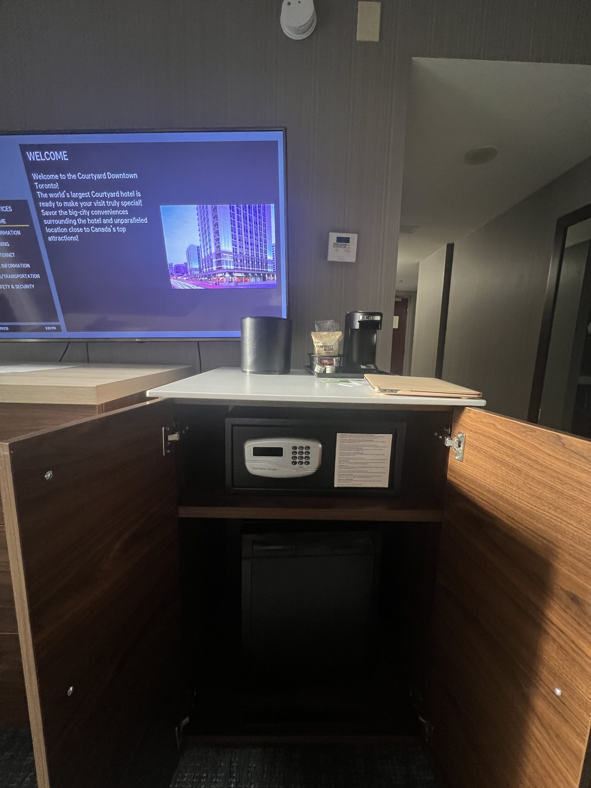 TV, Safe, Keurig, Fridge