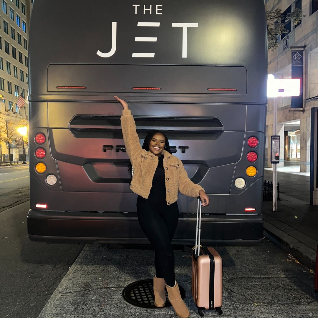 Christina Jane riding The Jet Bus 