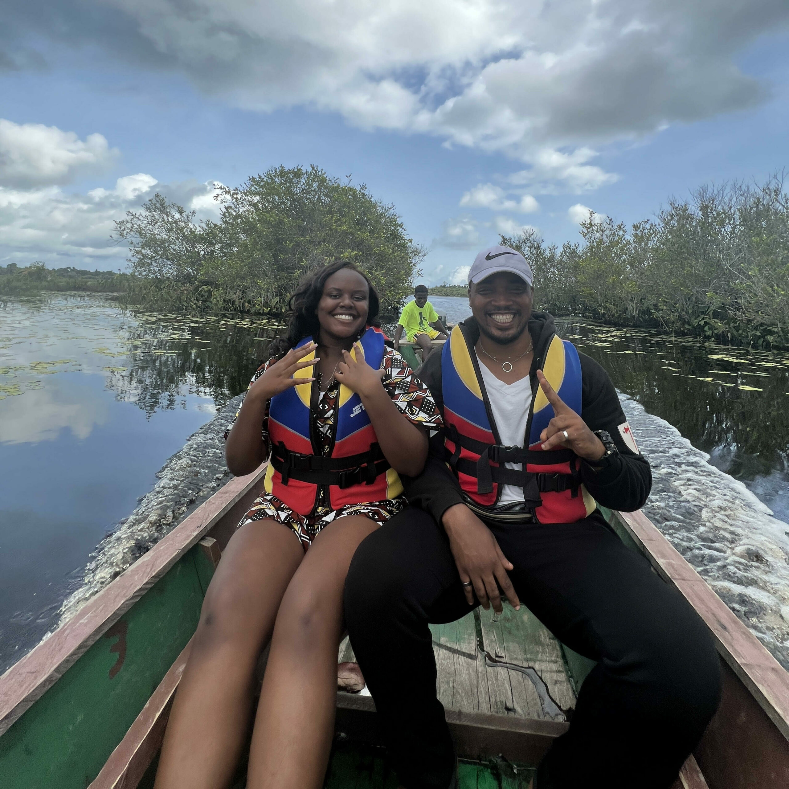 Christina Jane and her friend in Nzulezu