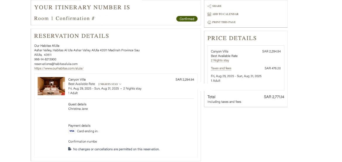 Our Habitas AlUla Confirmation