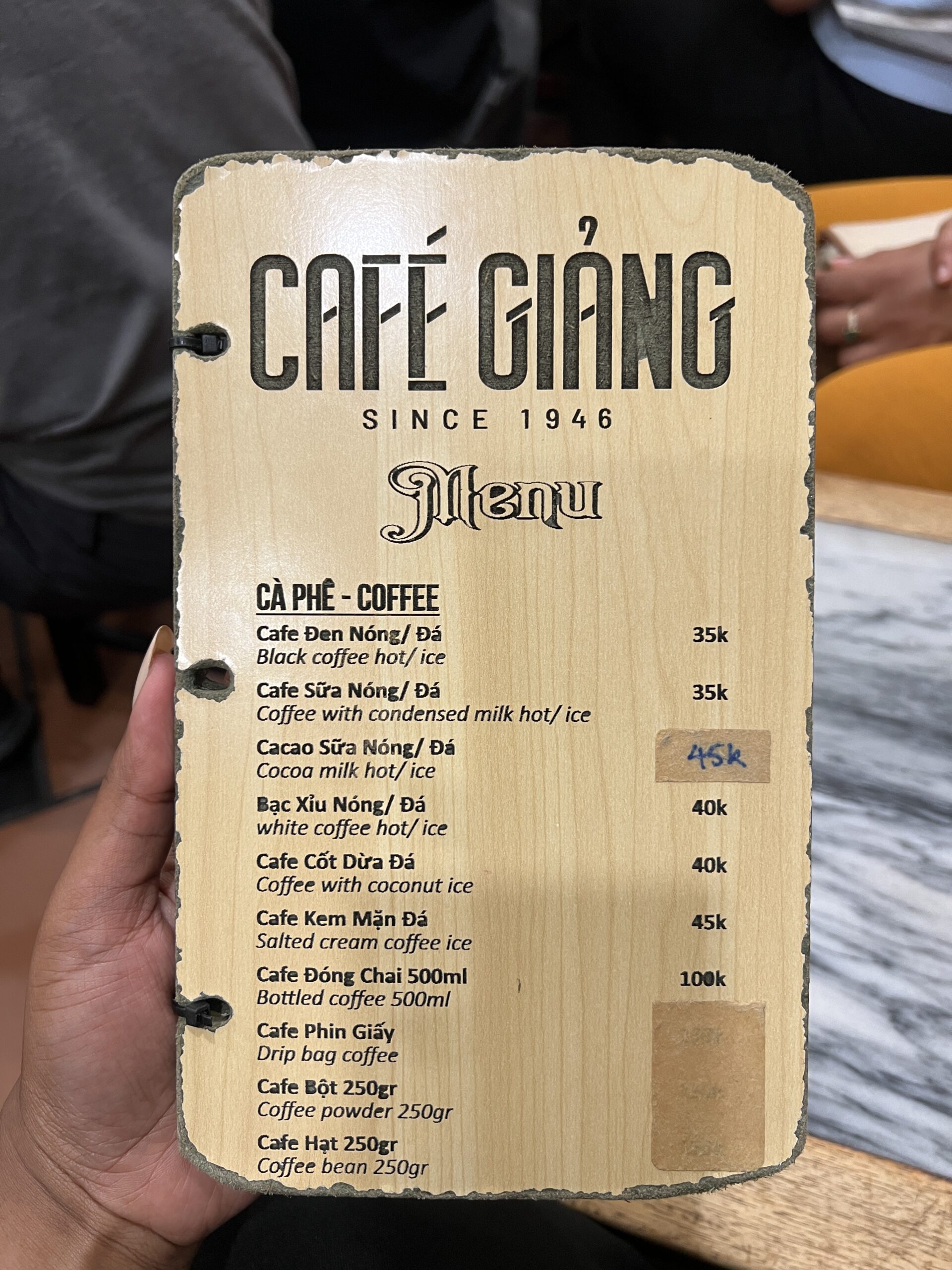 Cafe Giang Menu 