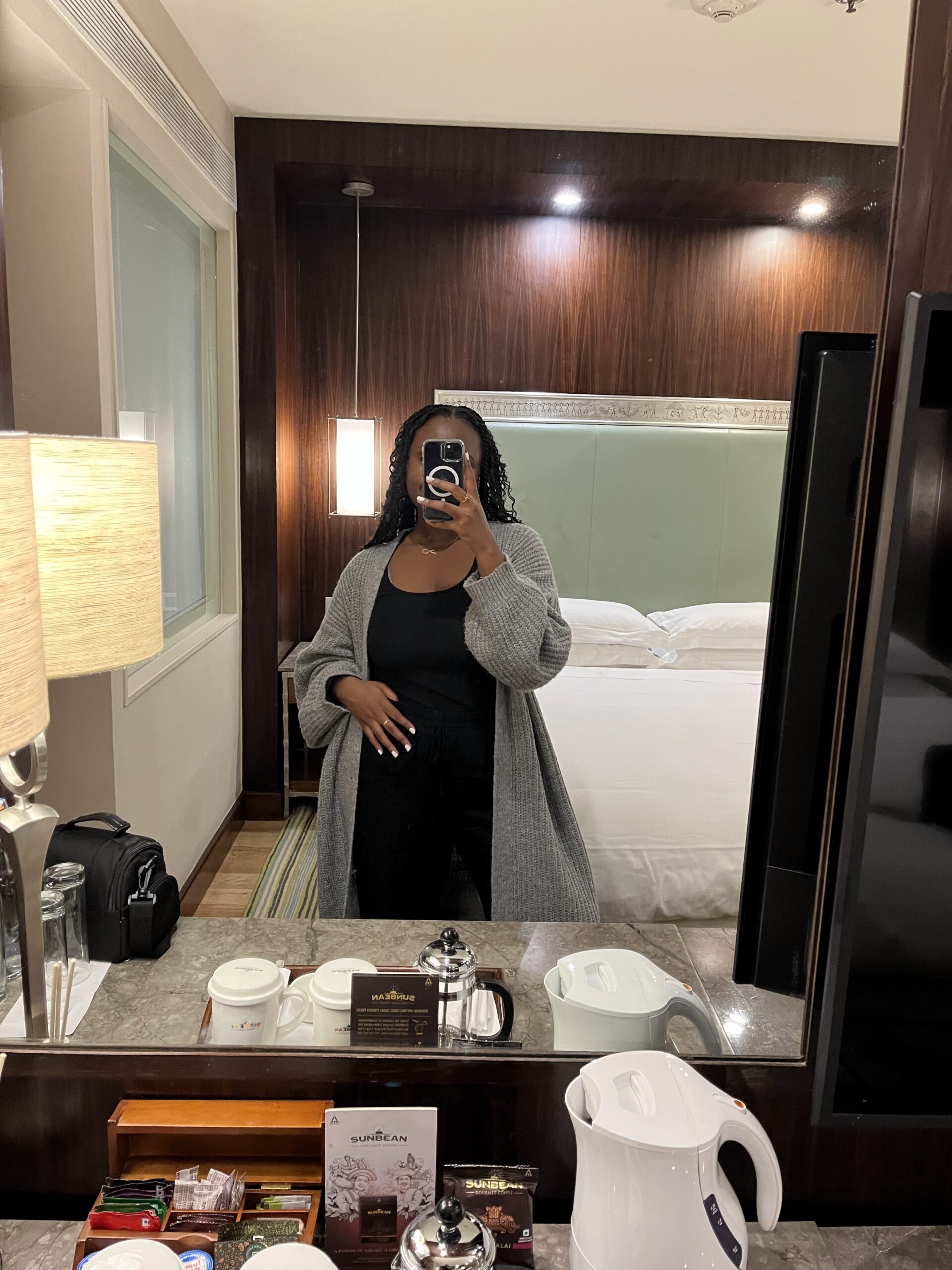 Christina inside the hotel room 