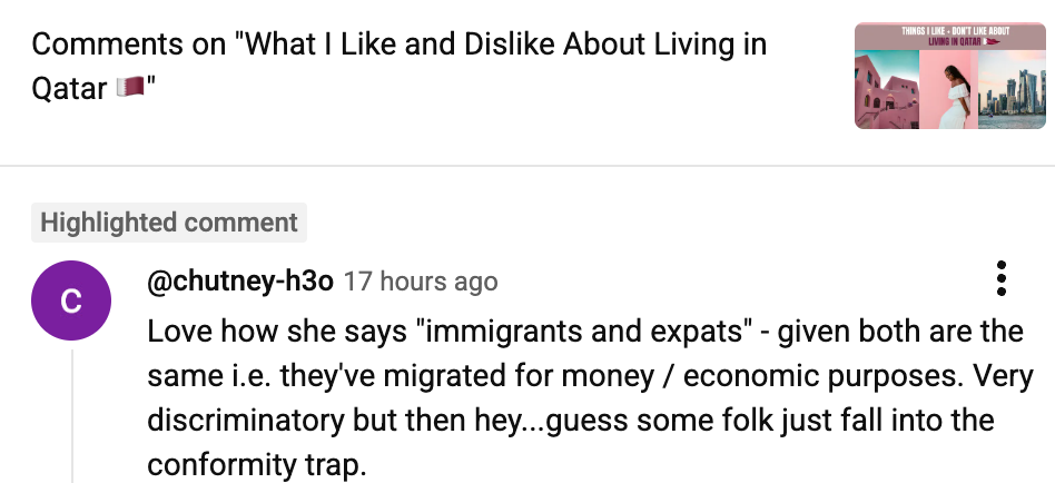 A comment received on Youtube 